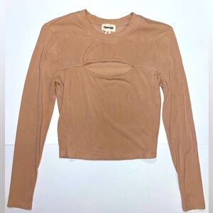 Open Edit Long Sleeve Coffee Brown Taupe Nude Tan Top Cutout Keyhole Extra Small